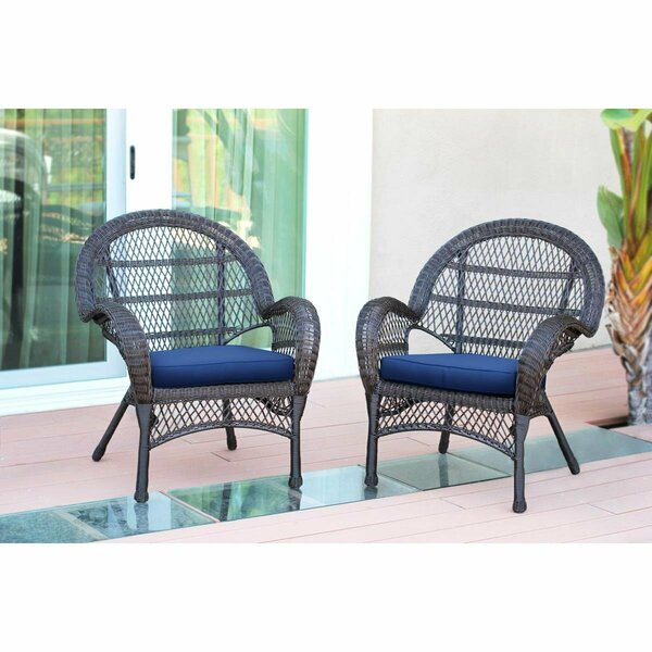 Jeco W00208-C-2-FS011-CS Espresso Wicker Chair with Blue Cushion, 2PK W00208-C_2-FS011-CS